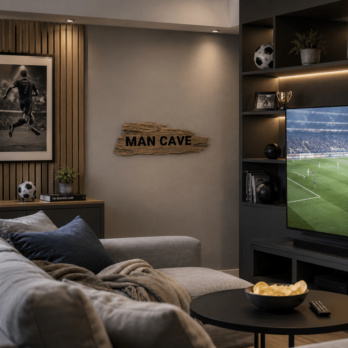 MAN CAVE veggskilt over sofa i gjennomført TV-rom med storskjerm, troféer og fotballdekor.