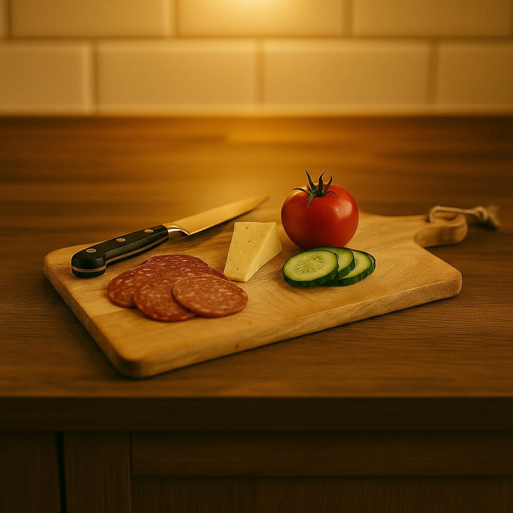 Skjærefjøl med ost, spekepølse, agurk, tomat og kniv på kjøkkenbenk i varm belysning.