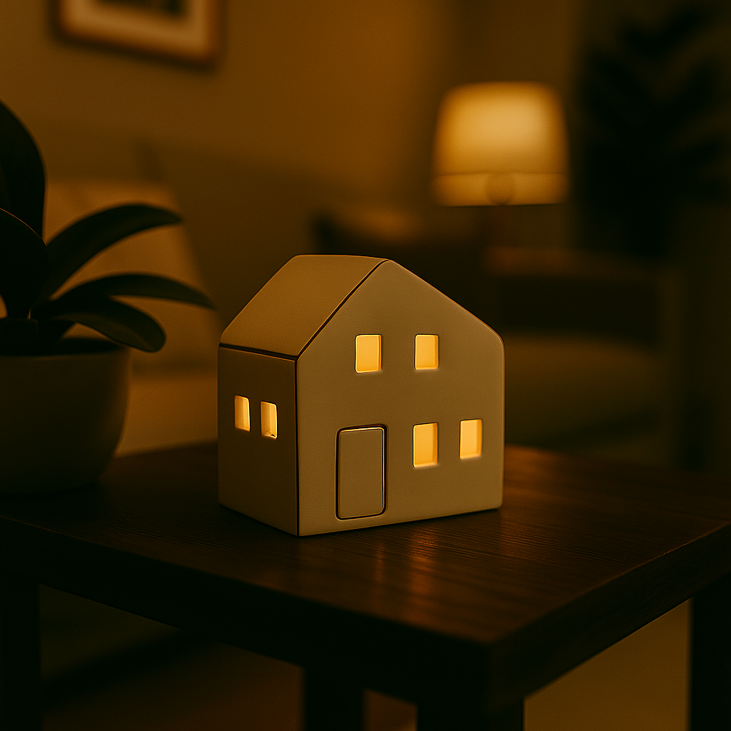 Hvitt keramikkhus med skråtak, sett fra skrå vinkel mot nøytral bakgrunn.