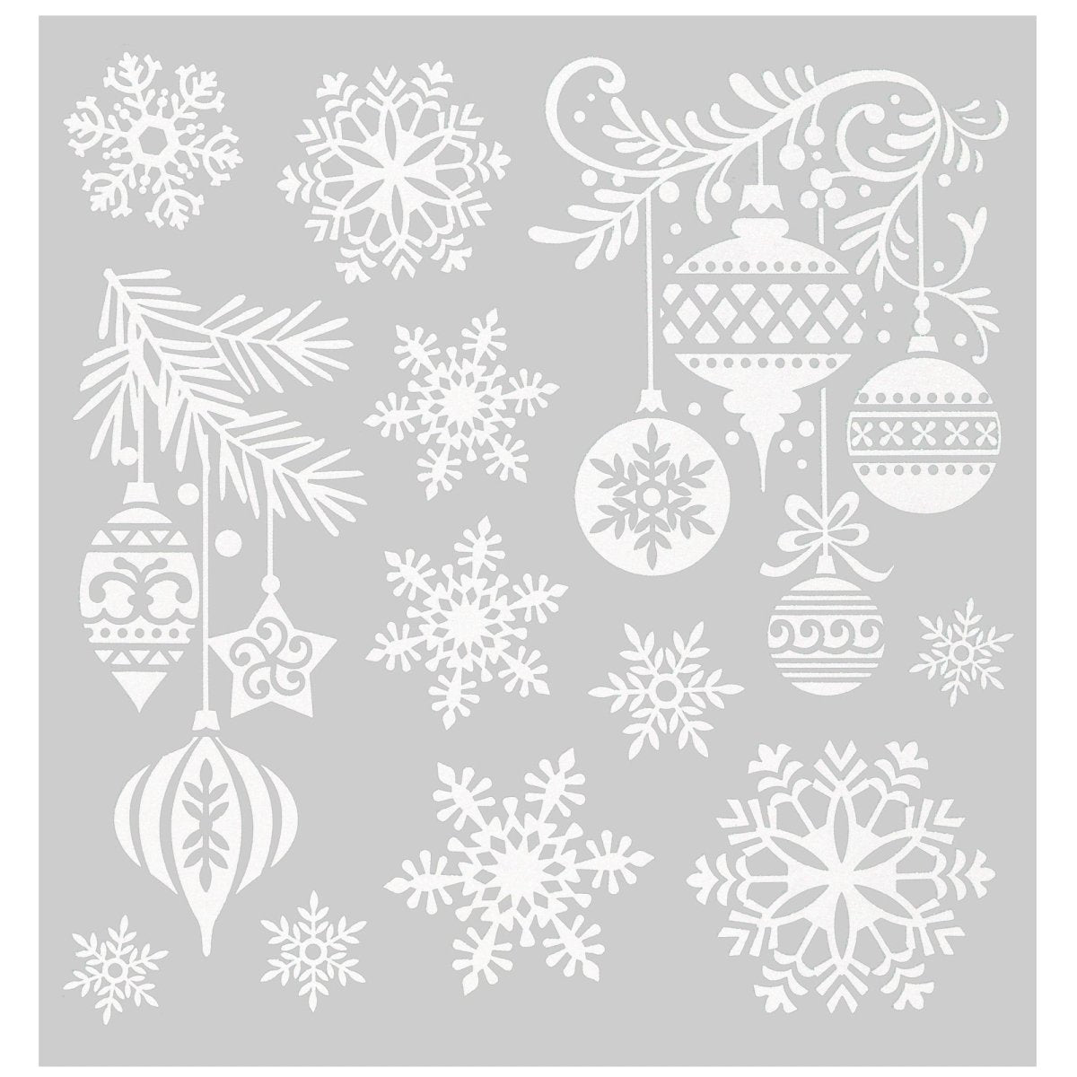 Julestickers med glitter 6 design 31,5 x 30,4 cm, ark med julekuler, grankvister og snøkrystaller