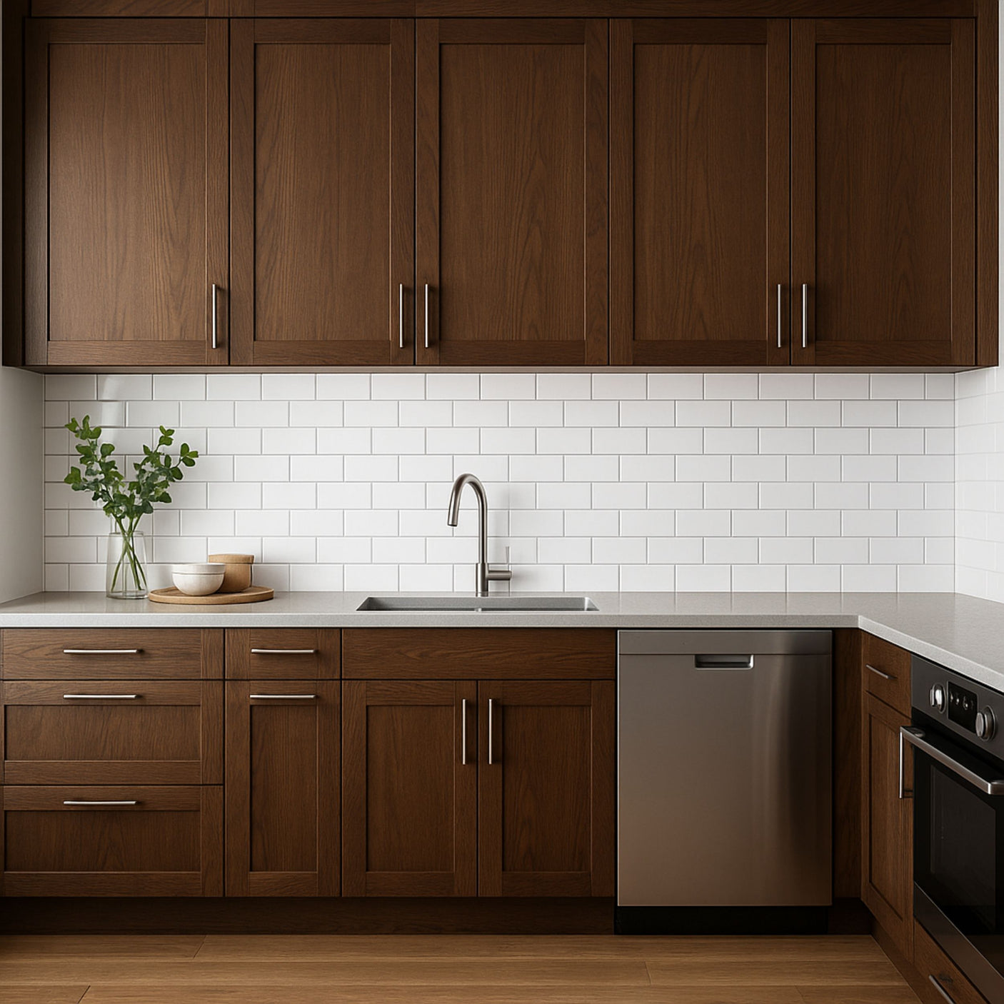 Kjøkken med mørk treinnredning og klassiske subway hvit veggfliser for et tidløst uttrykk.