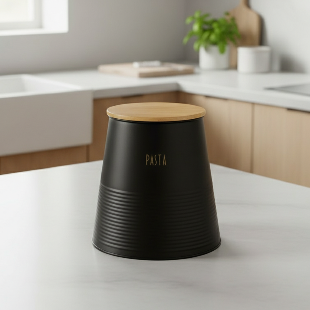 Kvadratisk produktfoto av lufttett pastaboks sort og bambus