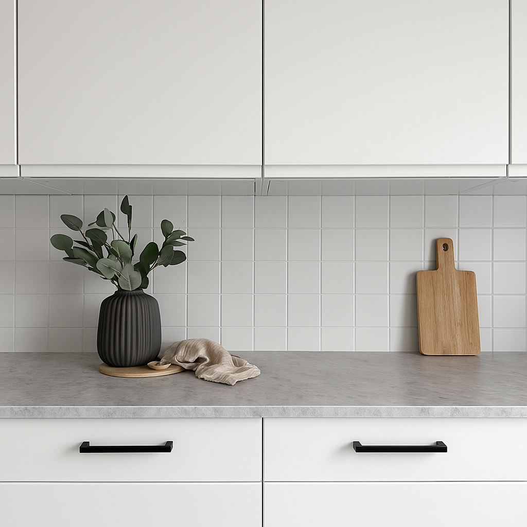 Moderne sorte håndtak montert på hvite kjøkkenskuffer for et stilrent og tidløst uttrykk.