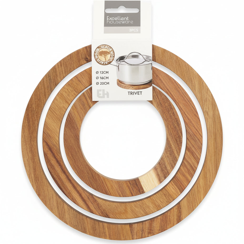 Akasietre gryteunderlag nærbilde - håndverkskvalitet og naturlig finish"