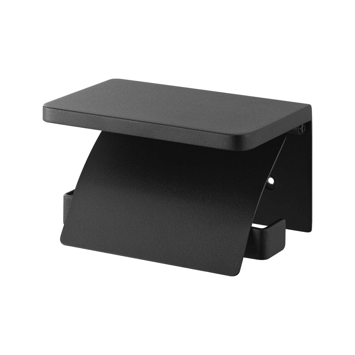 Detaljbilde av svart toalettpapirholder i metall med flat hylle og åpen side for enkel bytting av rull.
