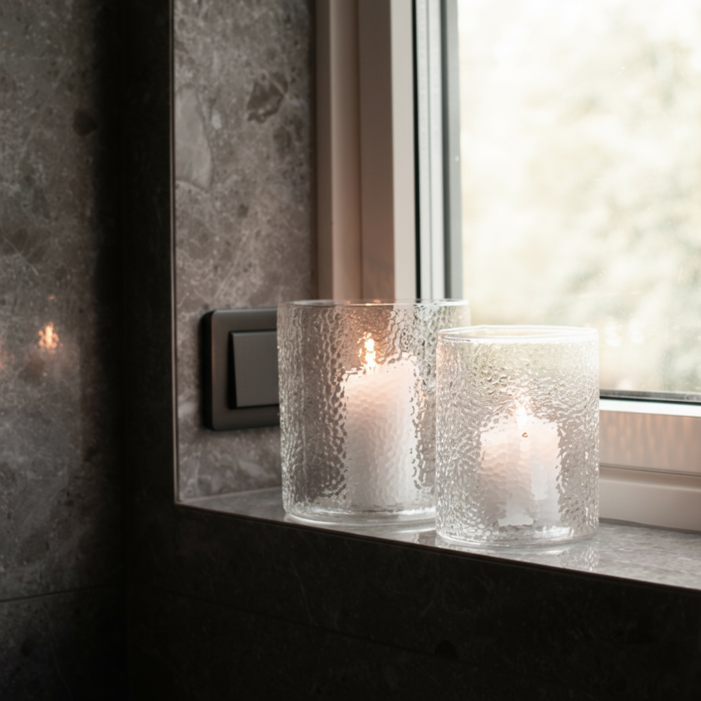 Glasslykter med kubbelys skaper lun stemning i et vindu på badet.