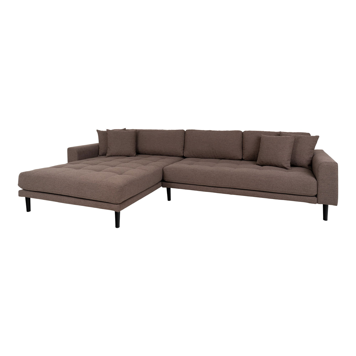 Romslig Lido Lounge Sofa venstrevendt i brun tekstil sett fra skrå vinkel.