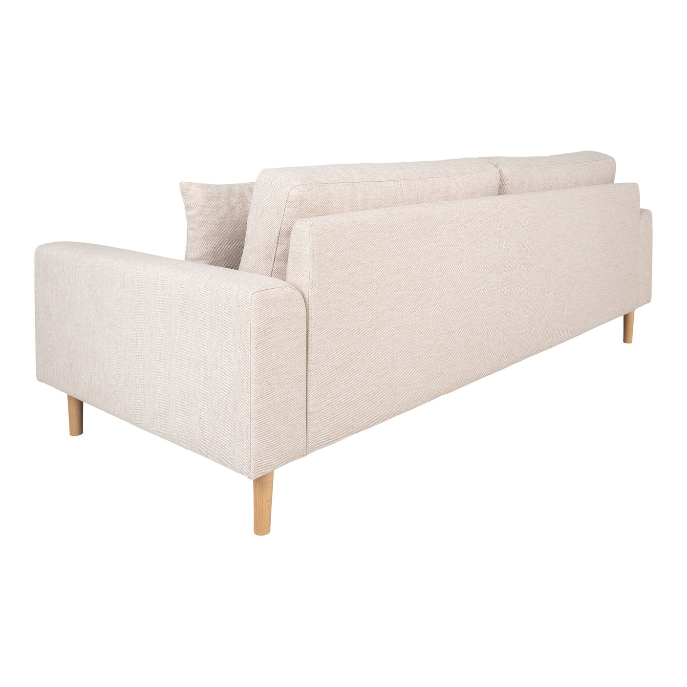 Elegant sofa i sandfarget stoff med minimalistisk design