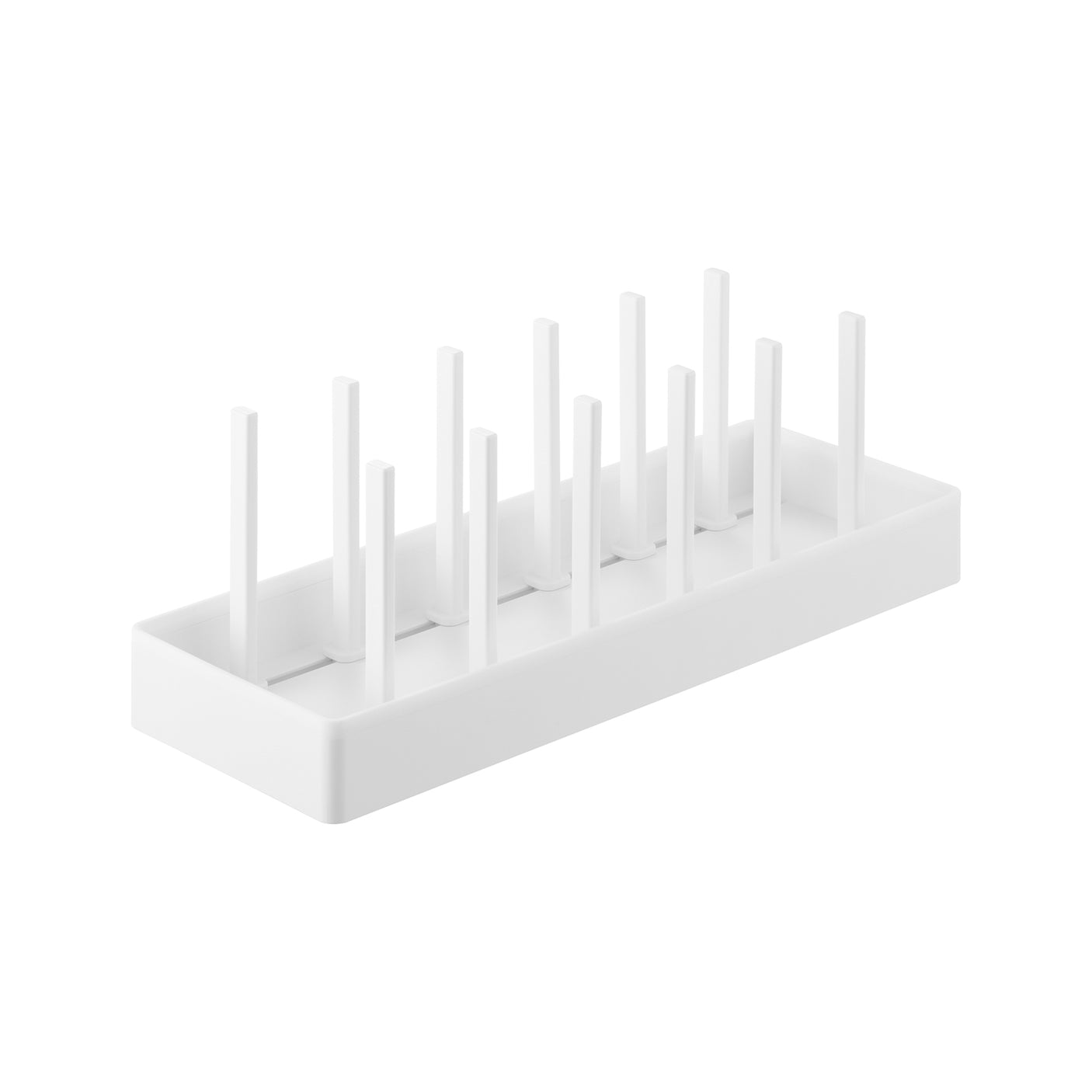 Oppbevaringsboks for gryter og lokk med justerbare skiller i hvit plast.