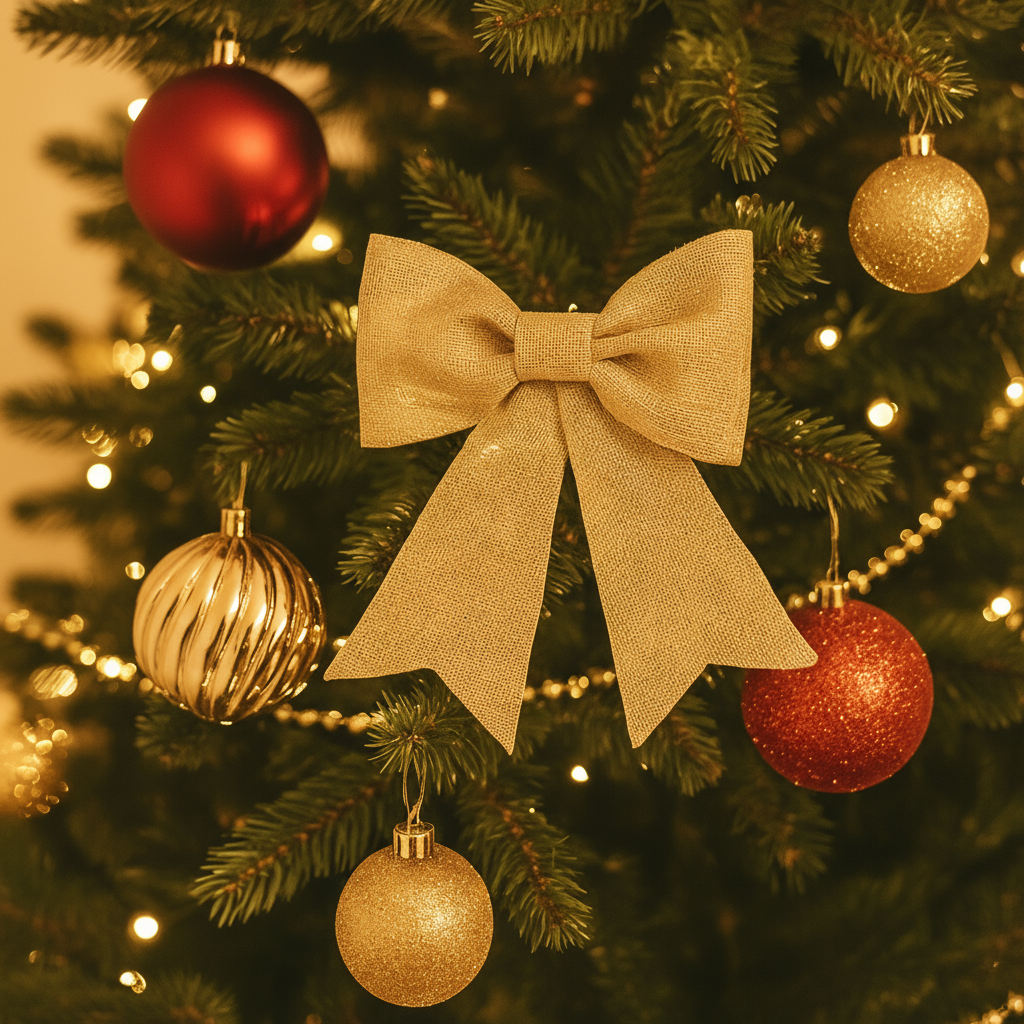 Gullfarget juletresløyfe med glitter henger på juletre sammen med røde og gullfargede julekuler.