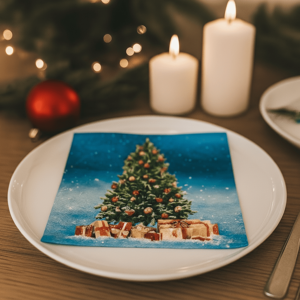 Julservett med motiv av juleträd och gåvor, placerad på en vit tallerken på ett uppdäckt julbord med tända ljus.