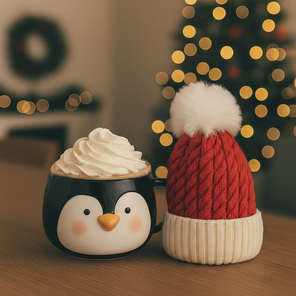 Sort pingvinkopp fylt med kakao og krem, ved siden av rød vinterlue med dusk, foran julelys i bakgrunnen
