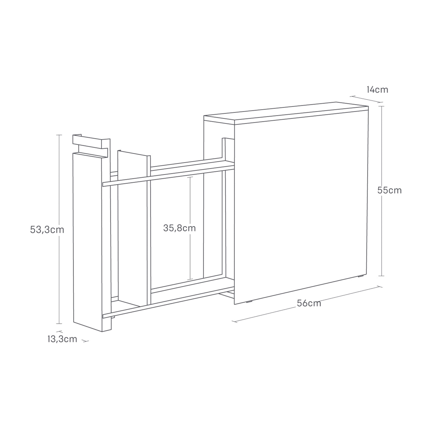 Sort og tre kombinert oppbevaringsmøbel plassert ved toalett.