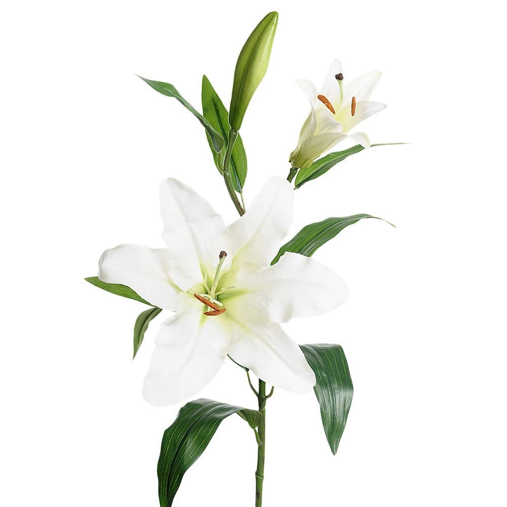 Konstgjord vit lilja med realistiska blommor och blad på grön stilke.