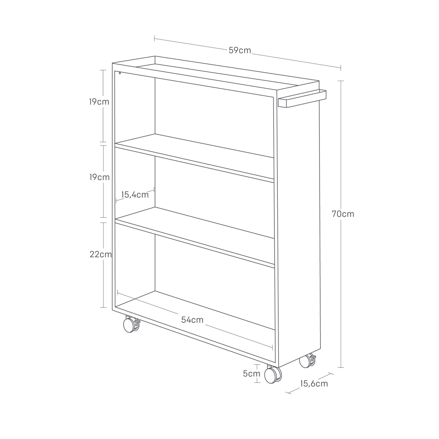 Mobil oppbevaringsvogn i hvit farge brukt til oppbevaring av mapper og småting.