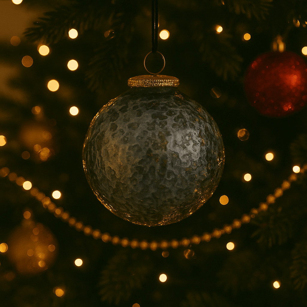 Mat grå julekugle – på juletre med varmhvide lys og gyldne perlekæde som pynt.