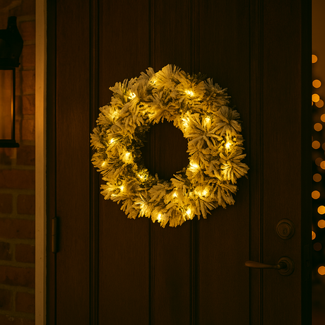 Opplyst julekrans med kunstig snø henger på mørk ytterdør.