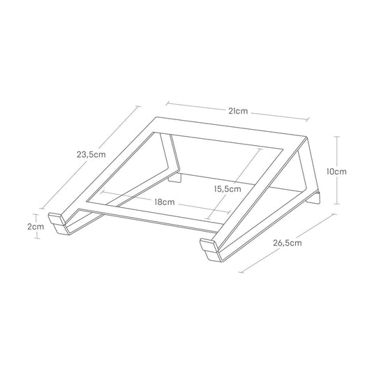 Dimensjonstegning Yamazaki Tower laptopstativ – bredde 21 cm, dybde 26,5 cm, høyde 10 cm, indre bredde 18 cm