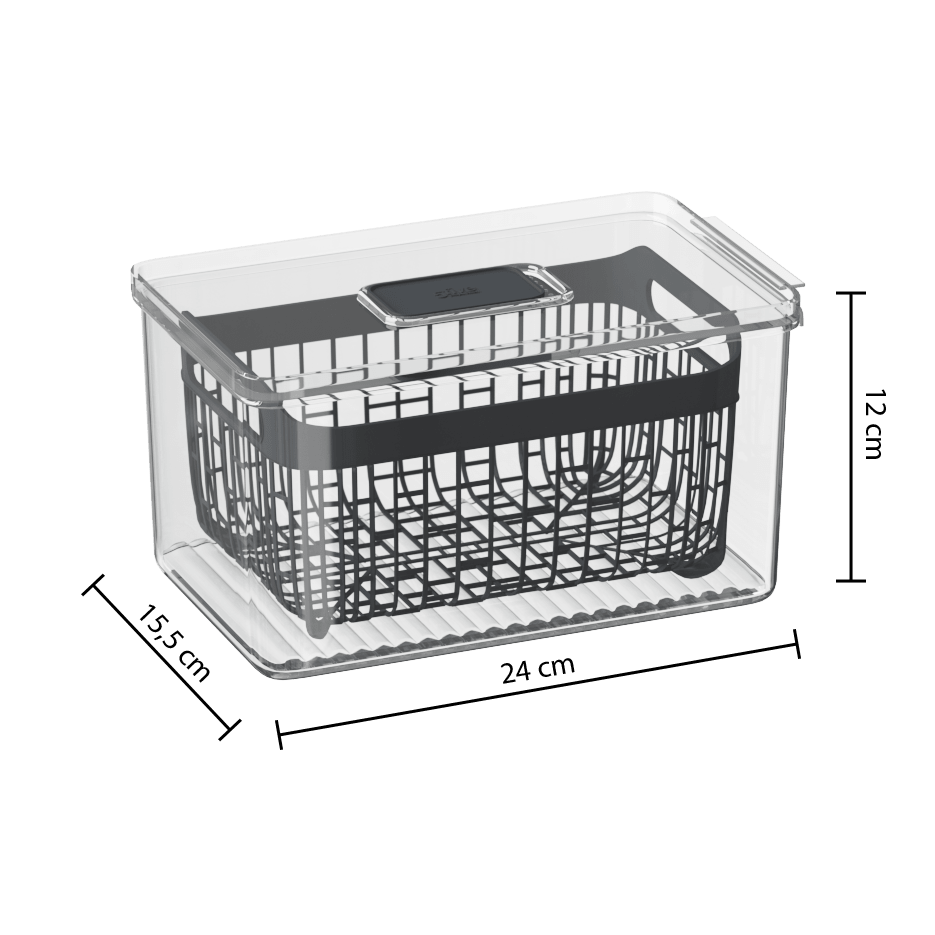 Kjøleskapsoppbevaring med uttakbar kurv og mål 24 x 15 x 12 cm