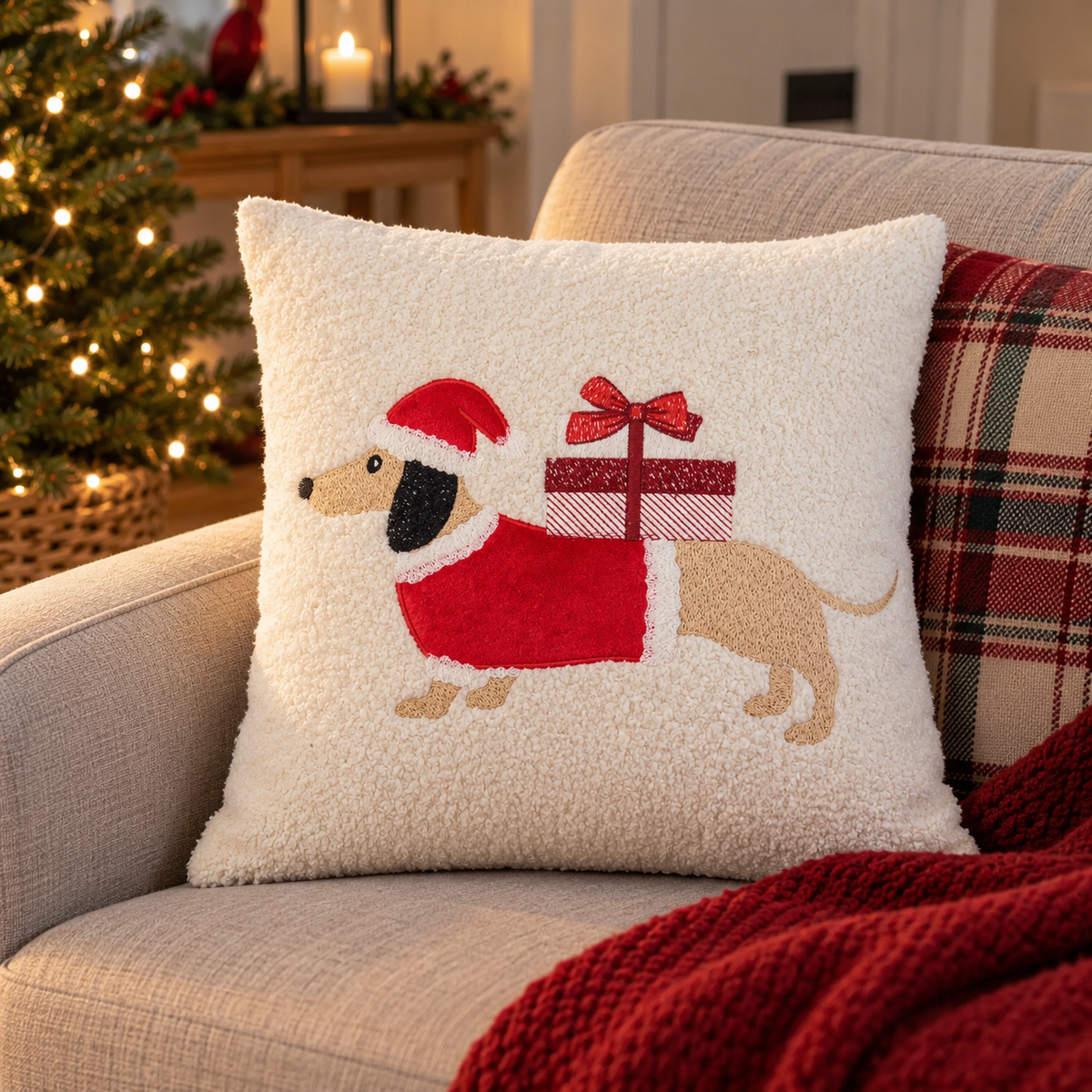 Julepute dachshund med gave hvit 40 x 40 cm