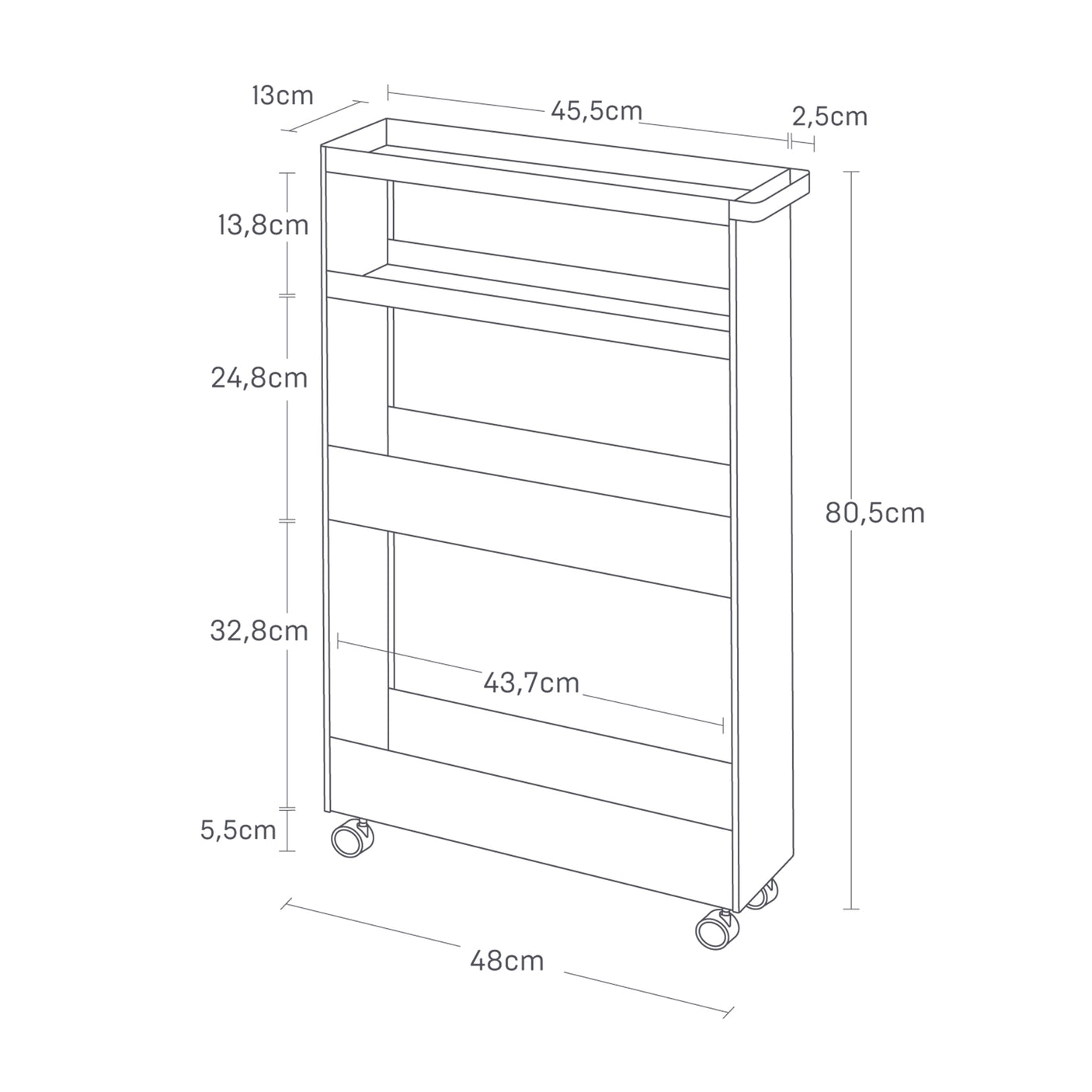 Flyttbar sort oppbevaringsvogn i smal design ved vaskerom.