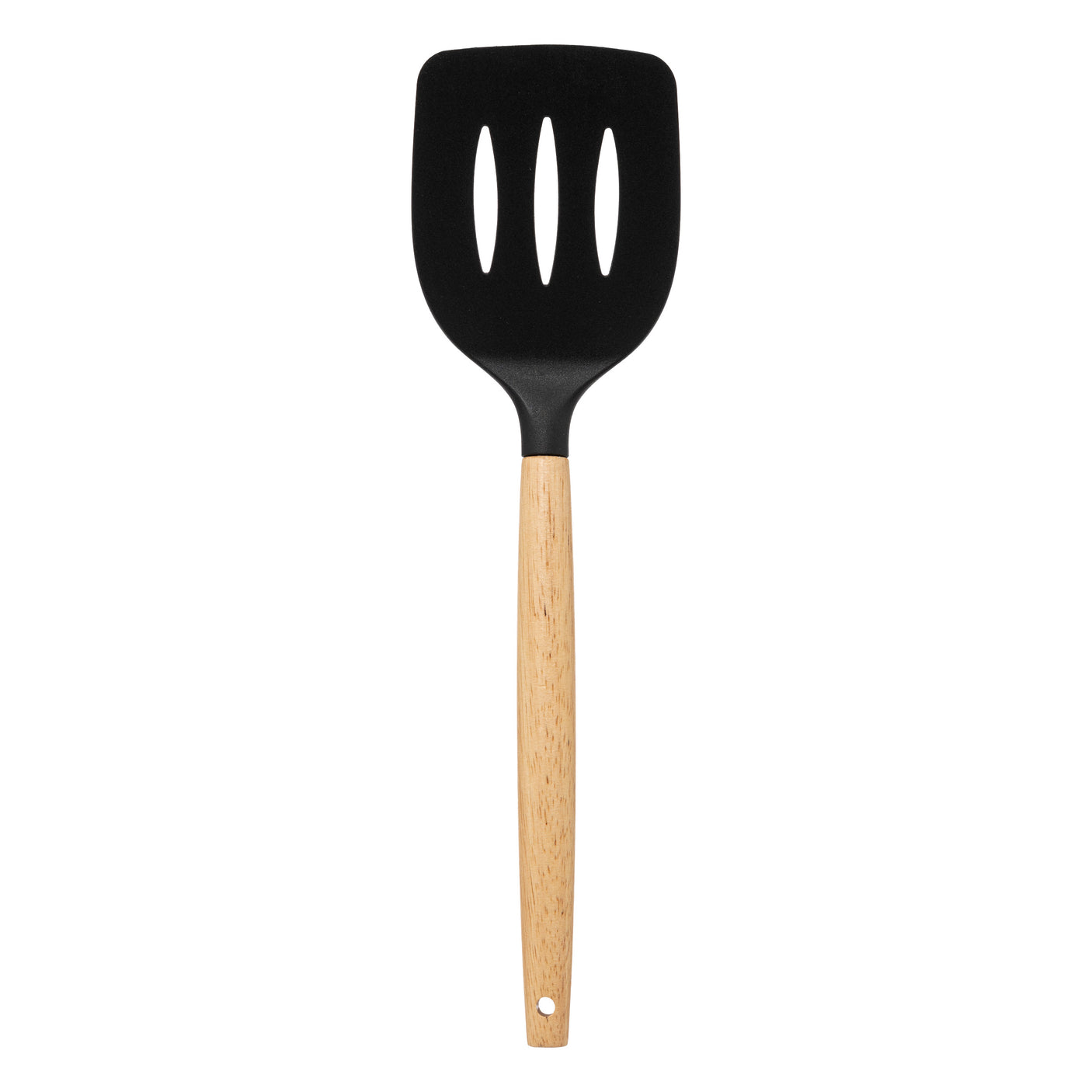 Stekspade med hål, svart huvud och träskaft.