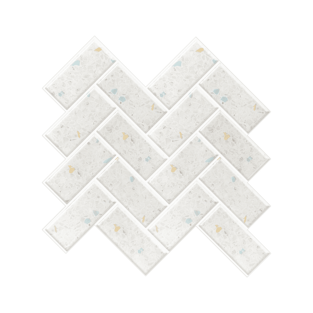 Selvklebelig terrazzo-flis i fiskebensmønster med gule og blå detaljer, 30,5 x 30,5 cm.