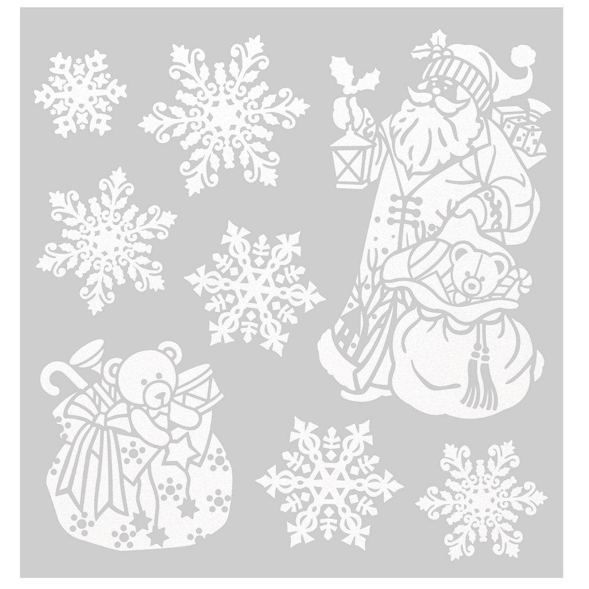 Julestickers med glitter 6 design 31,5 x 30,4 cm, ark med snøkrystaller, nisse og to barn