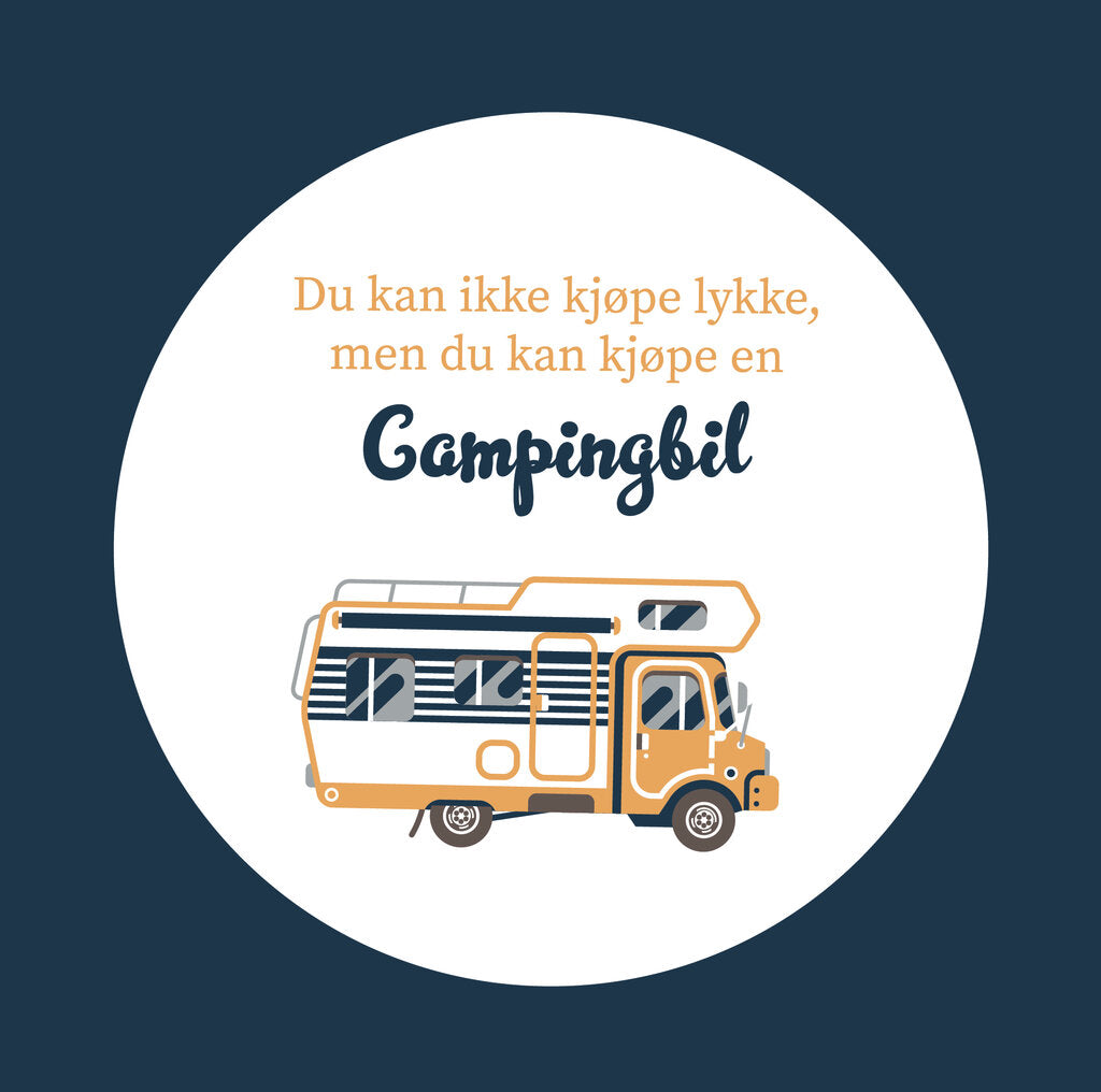 Serviett med motiv av gul campingbil og teksten «Du kan ikke kjøpe lykke, men du kan kjøpe en campingbil» – perfekt til campingentusiaster.