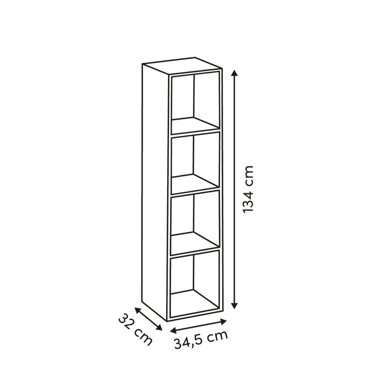 Mix'n Modul reol 4 rom valnøttfarget 134 cm, mål på reolen
