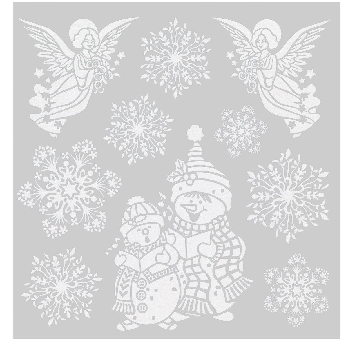 Julestickers med glitter 6 design 31,5 x 30,4 cm, ark med engler og to barn i vinterklær