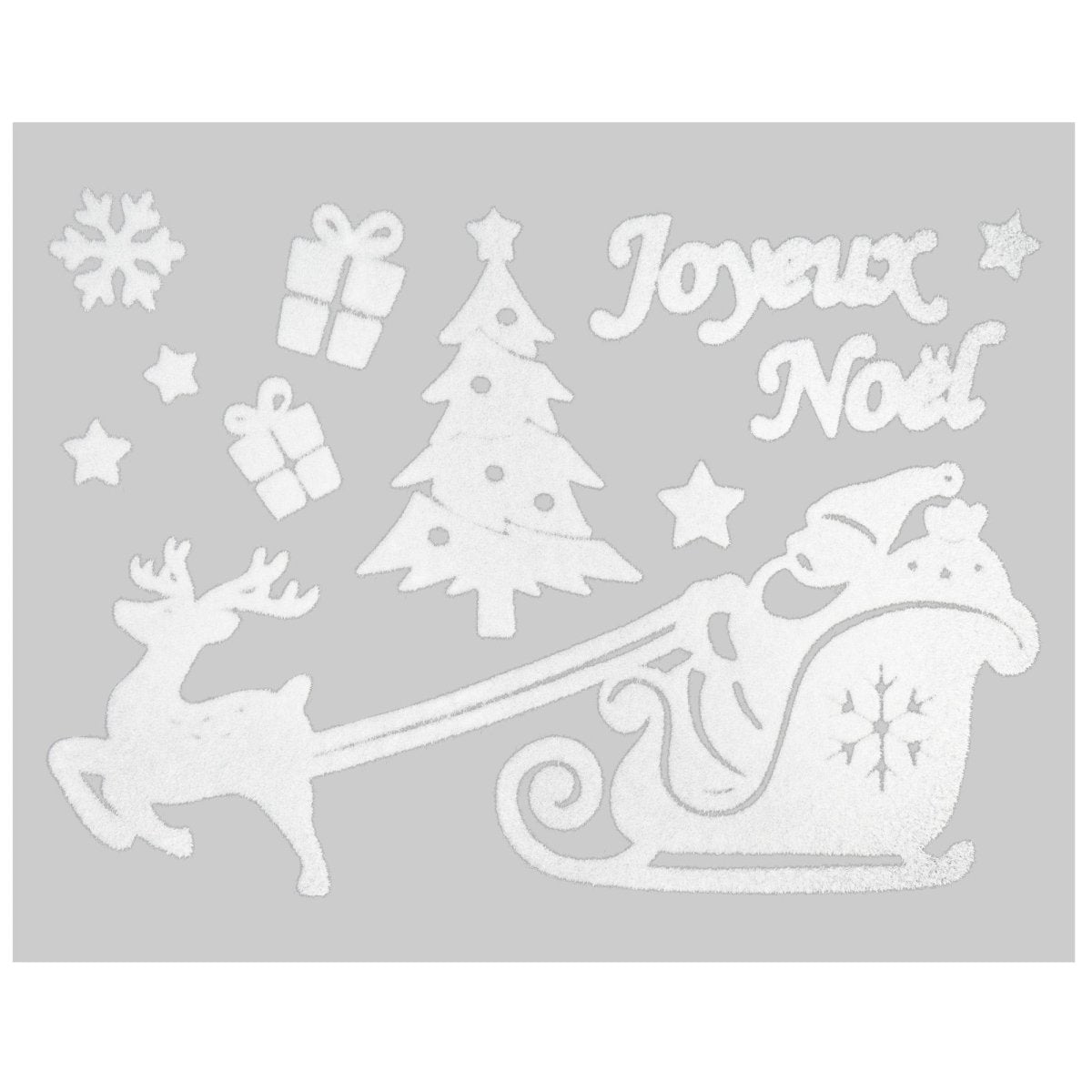 Julestickers nisse, snømann og pingvin 4 design 29 x 40 cm, Joyeux Noël, juletrær og slede