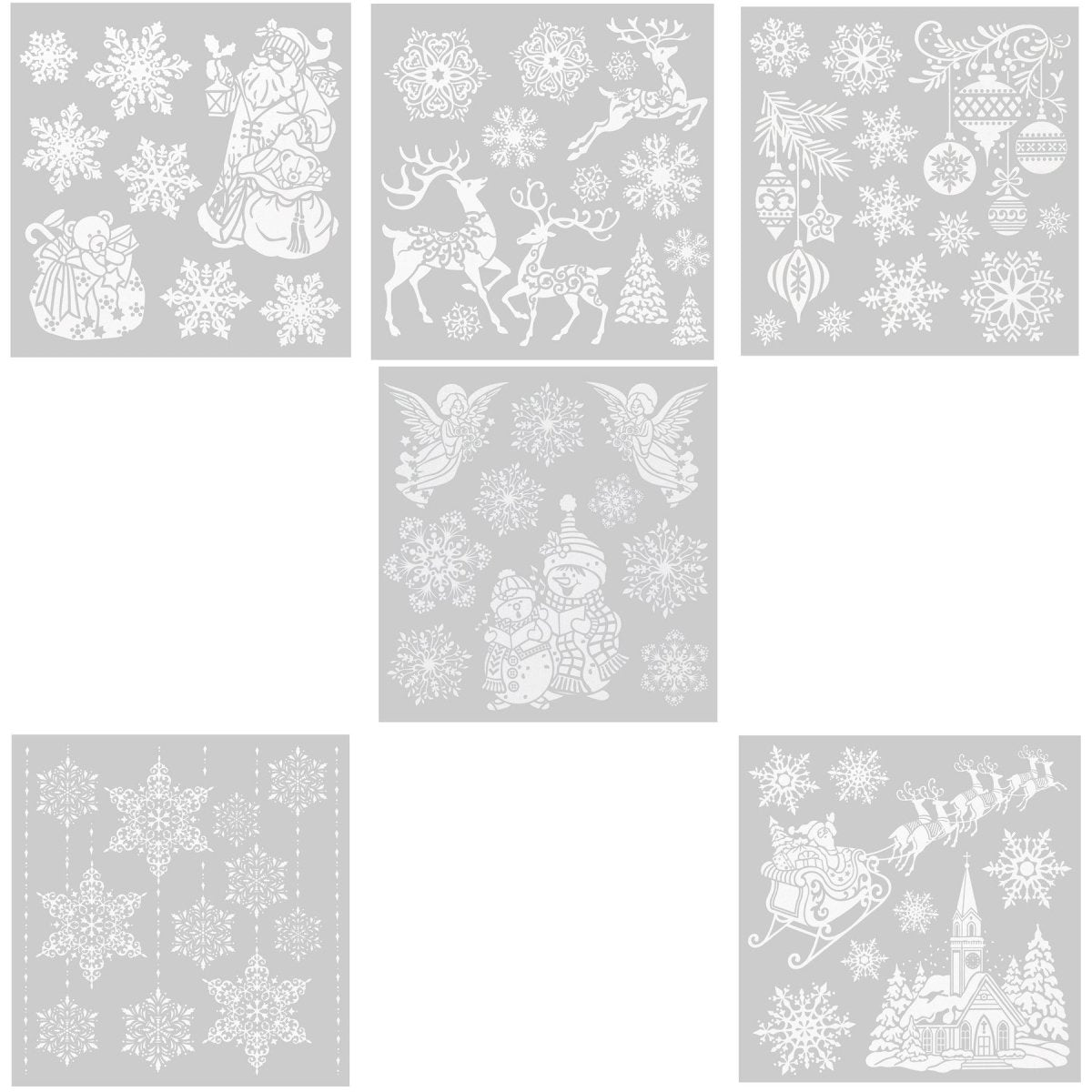 Julestickers med glitter 6 design 31,5 x 30,4 cm, alle 6 ark samlet