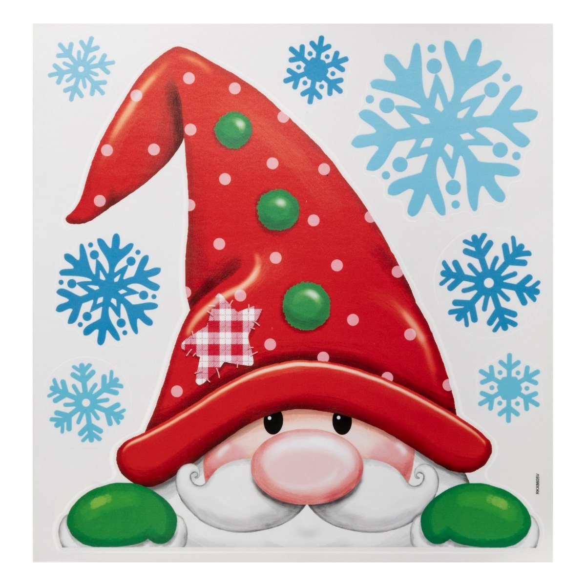Julestickers med nisse og snøfnugg 31 x 38 cm, nisse med rød lue og hvitt skjegg