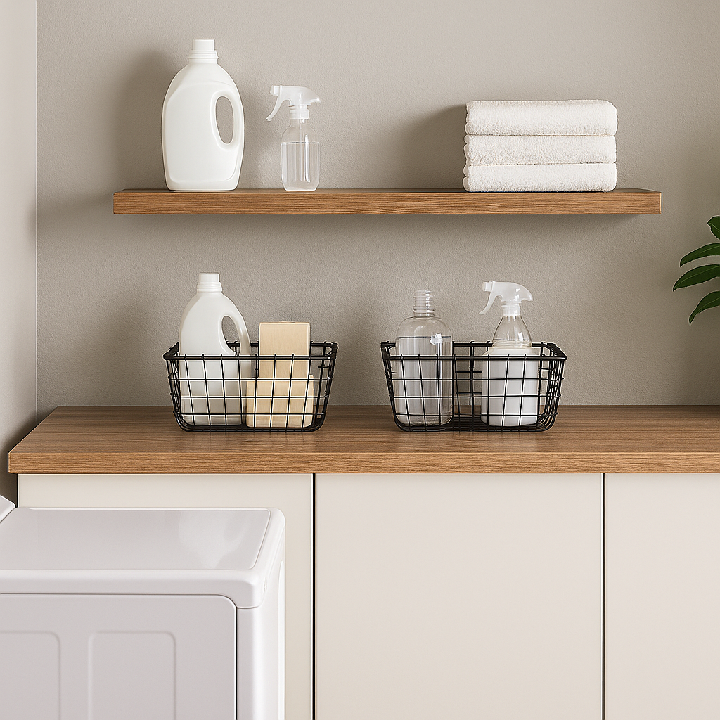 Organisert vaskerom med svarte metallkurver til rengjøringsmidler – praktisk og stilren oppbevaring for et ryddig og moderne hjem