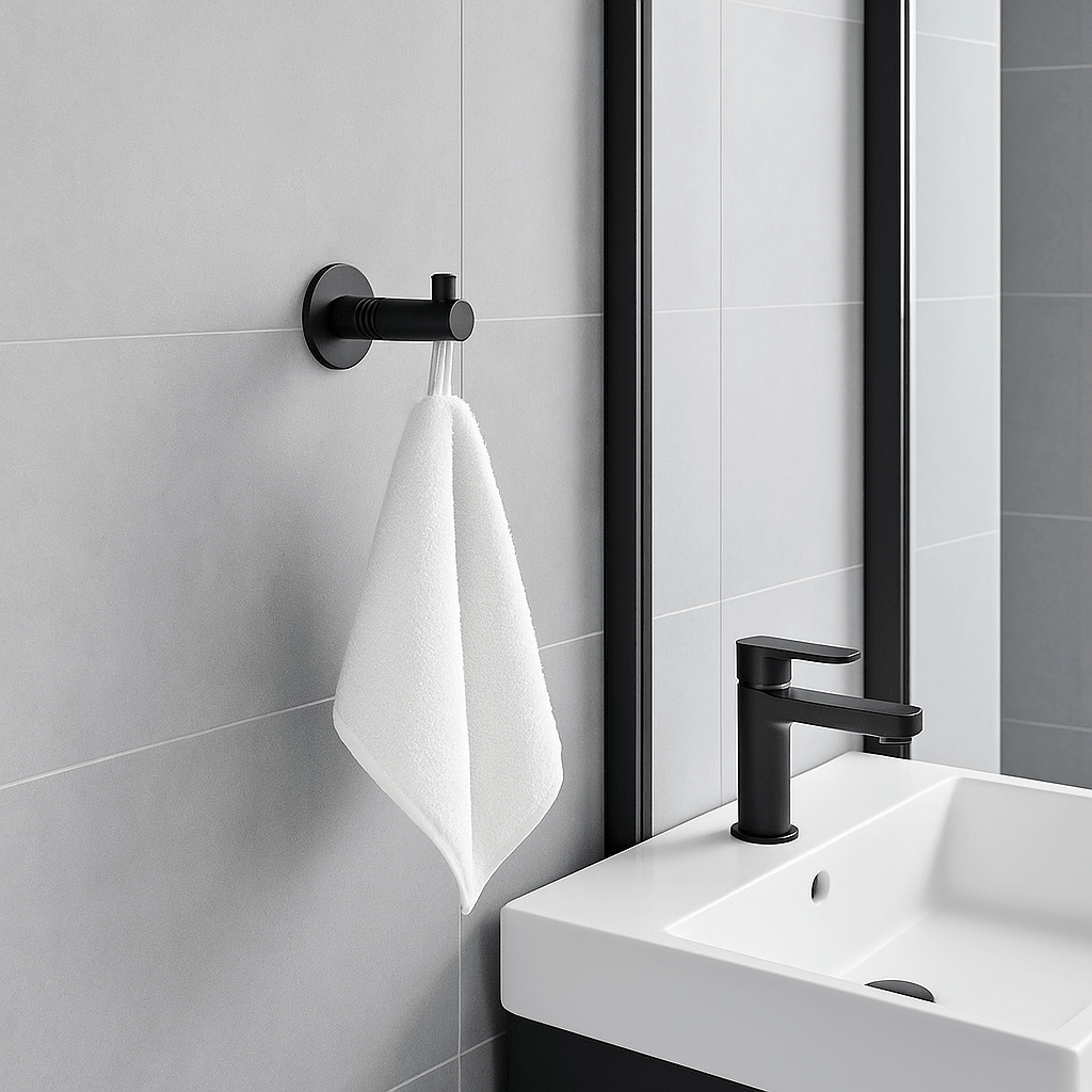 Minimalistisk sort håndkleknagg i metall med hvitt håndkle, montert på grå flisvegg ved servant for moderne baderomsdesign