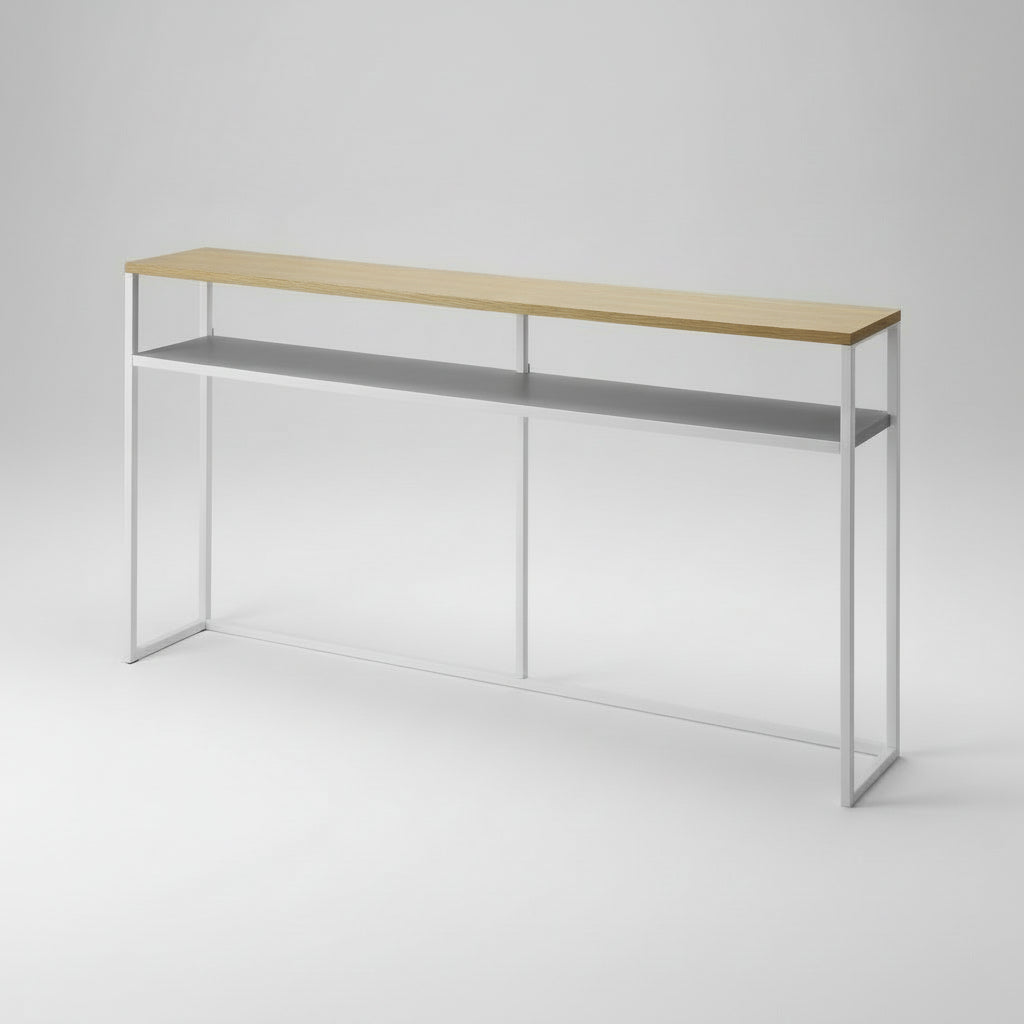 Hvit konsollbord med treplate og hylle i lys stue.