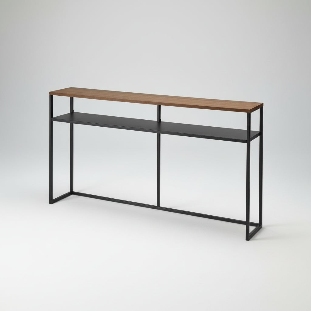 Sort konsollbord med treplate og oppbevaringshylle i stue.