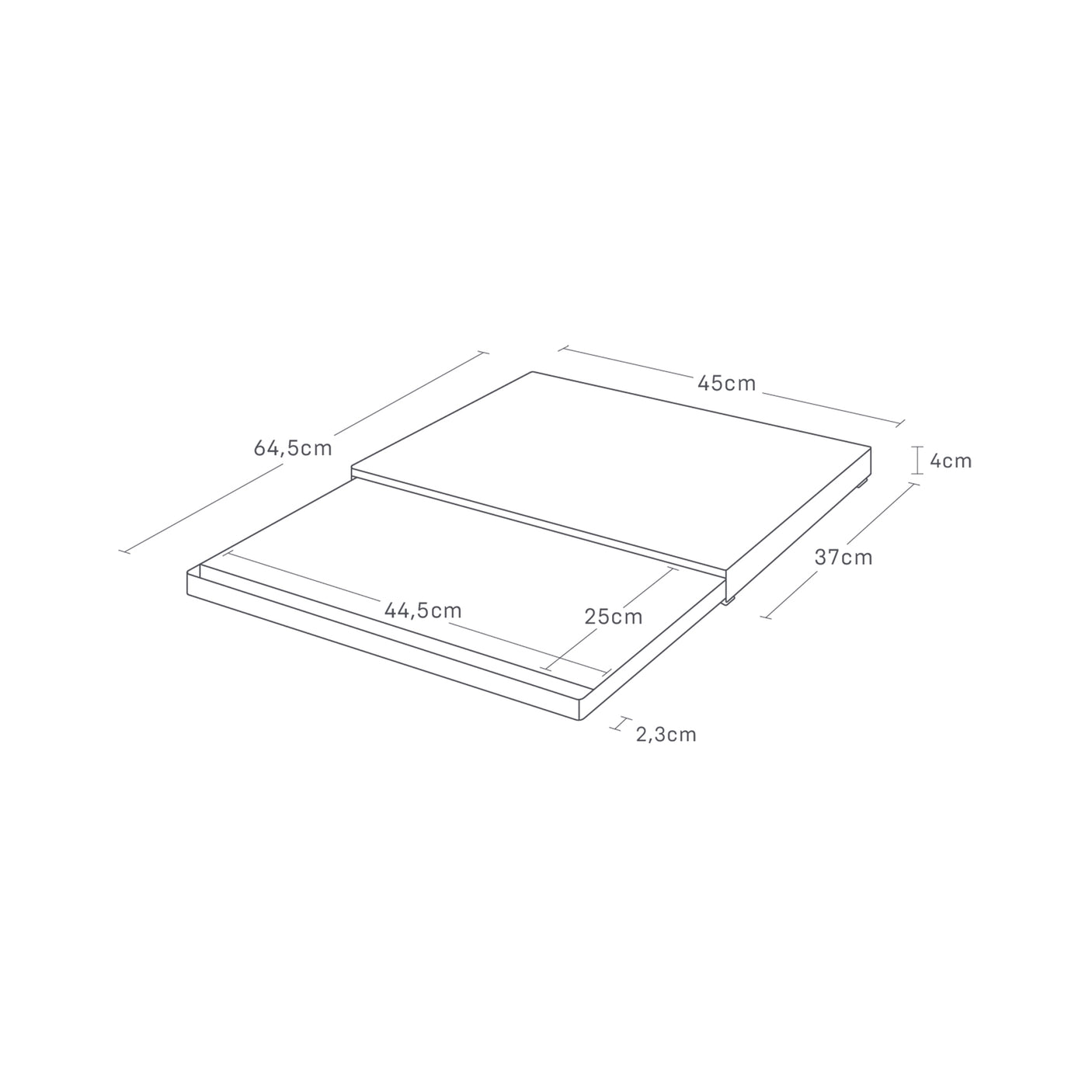 Illustrasjon av mål og oppbygning for uttrekkbar hylleplate