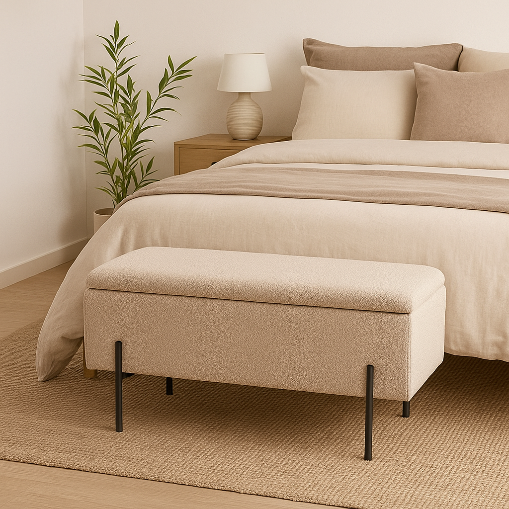 Beige oppbevaringsbenk med sorte metallben ved fotenden av en seng i et lyst, moderne soverom.