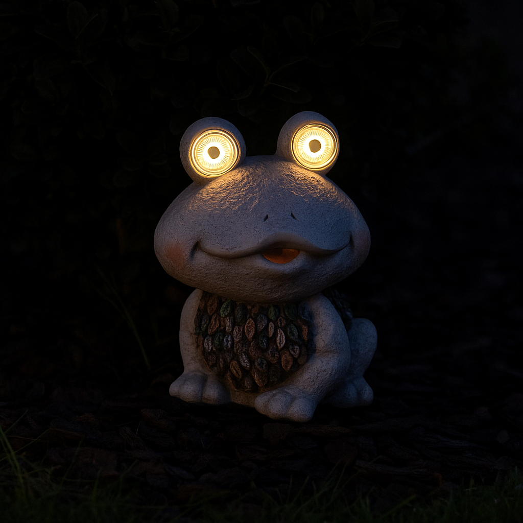 En søt hagefigur av en frosk med lysende øyne i mørket, omgitt av mørke planter og jord.