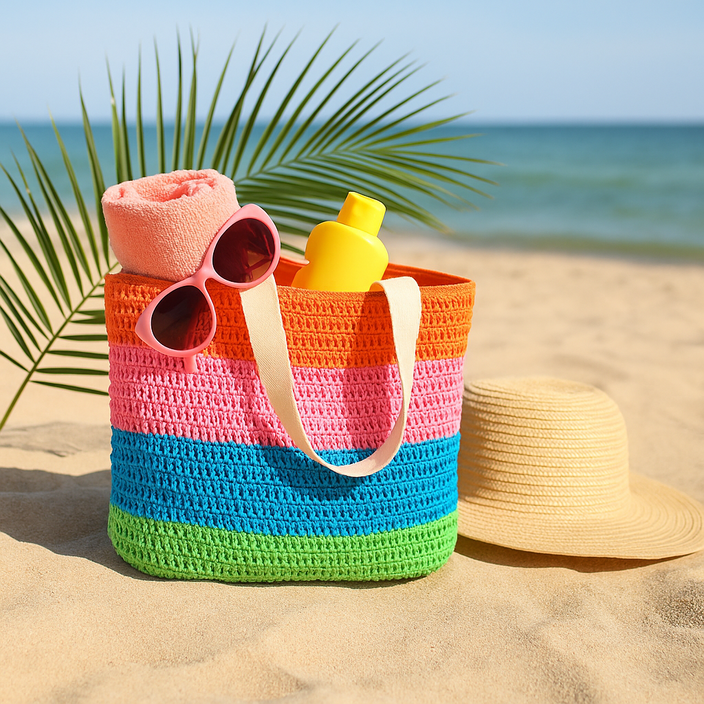 En fargerik strandbag fylt med solkrem, håndkle og solbriller, står på sanden med hatt og palmeblad ved havet.