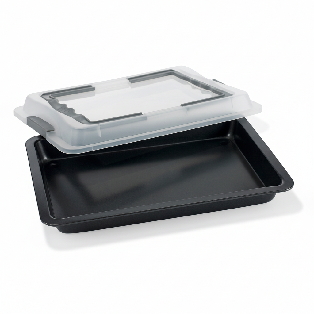 bakeform i grått stål med beskyttende lokk