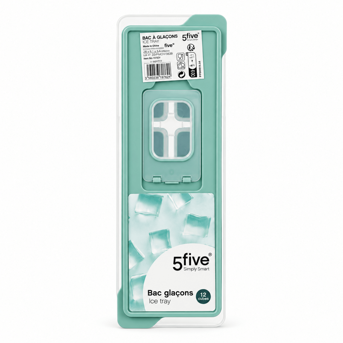Grønn isbitform fra 5five Simply Smart i originalemballasje, med lokk og plass til 12 isbiter.