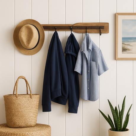 Kystinspirert knaggrekke formet som en åre, med sommerplagg og hatt på hvit panelvegg.