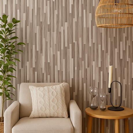 Interiør med stol, bord og plante foran kontaktplast i treverkstil – gir varm og moderne stil.