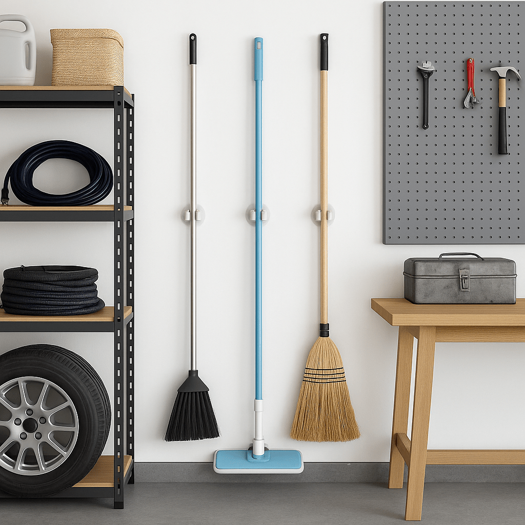 Moppeholdere montert i en ryddig garasje, holder koster og mopper organisert pÄ vegg.