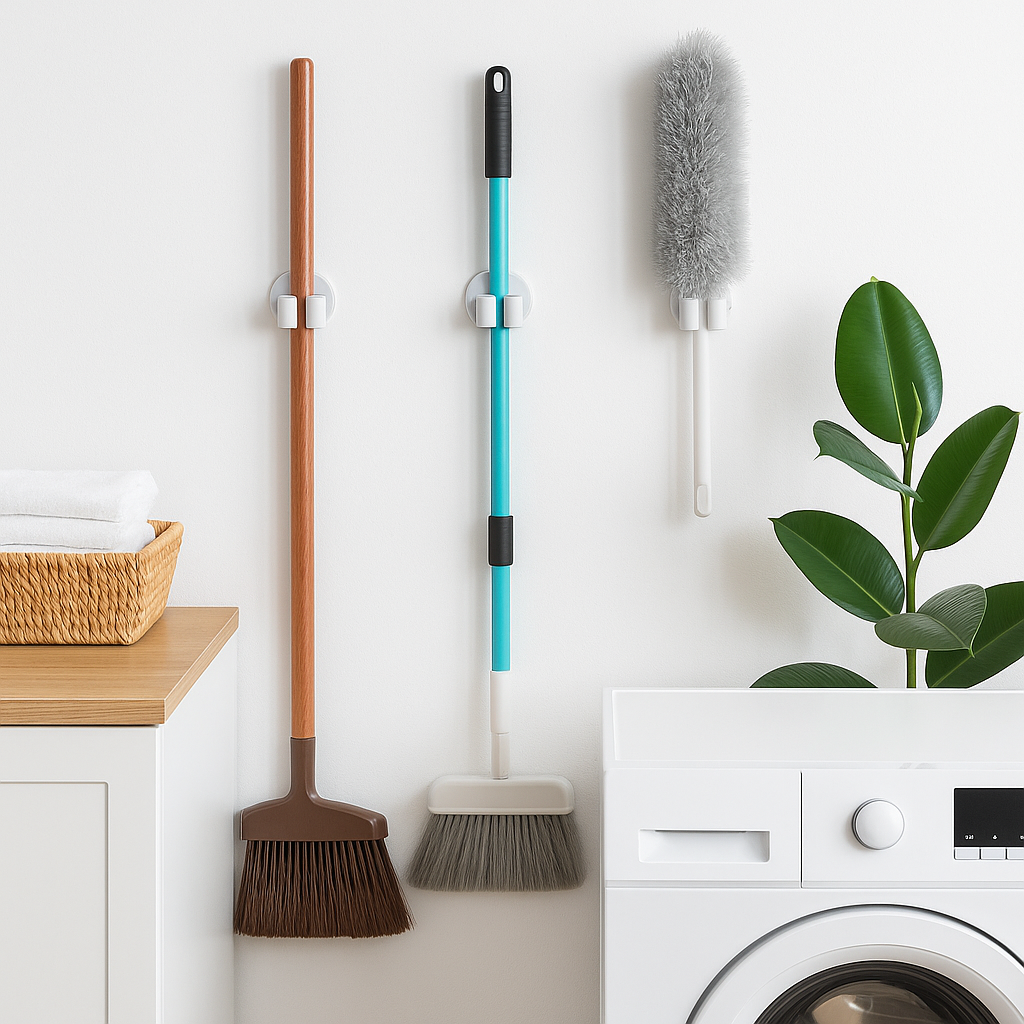 Moppeholdere i bruk på vaskerom, holder diverse rengjøringsredskaper på hvit vegg.