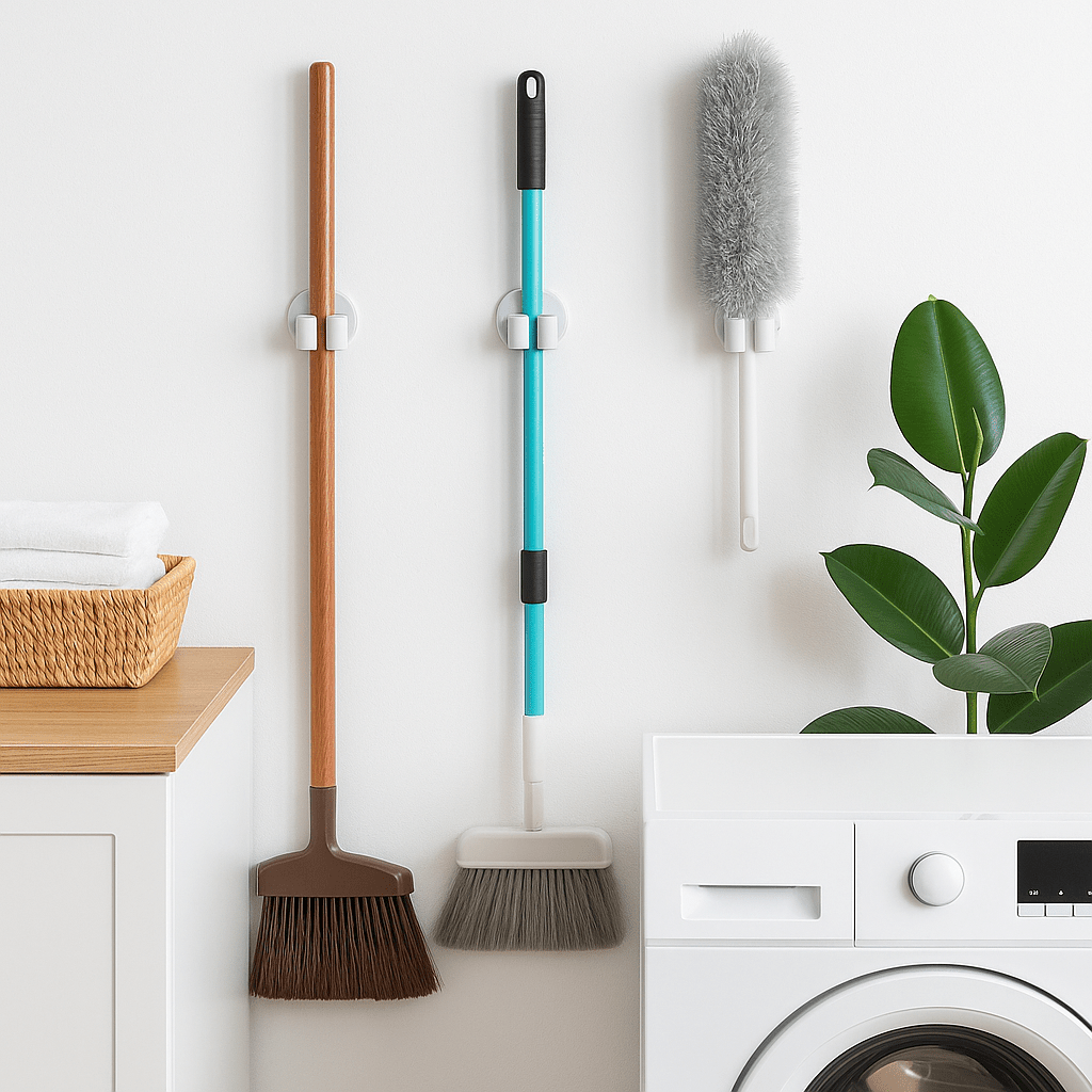 Moppeholdere i bruk pÄ vaskerom, holder diverse rengjÞringsredskaper pÄ hvit vegg.