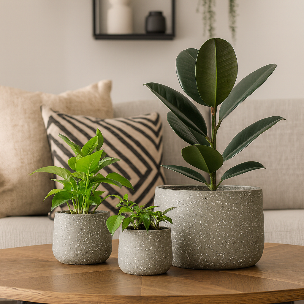 Tre grønne planter i terrazzo-krukker dekorert på et stuebord foran en sofa med puter.